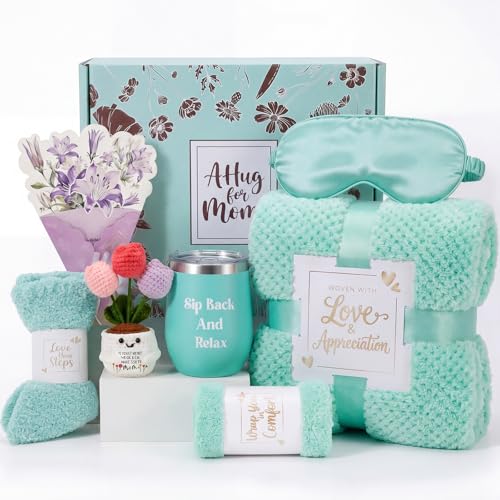 Self Care Gift Basket for Mother with Flannel Blanket, Eye Mask, Shower Cap, Cup, Socks, Get Well Soon Care Package for Women Mom Wife Girlfriend Sister (Teal) - color: Teal