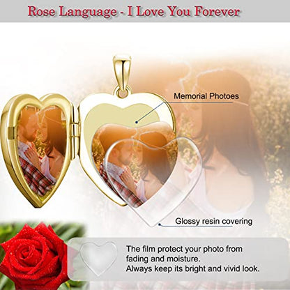 SOULMEET Sunflower/Rose/Daisy Heart Locket Necklace That Holds Pictures Keep Someone Near to You Sterling Silver/Gold Personalized Photo Locket Gift - style: A2-Solid gold rose locket+photo+text