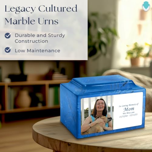 GetUrns Cultured Marble Urn Vault by Mackenzie with Personalized Picture and Text for Human Ashes I Mystic Blue Adult Urns for Male and Female I 210lbs - color: Mystic Blue