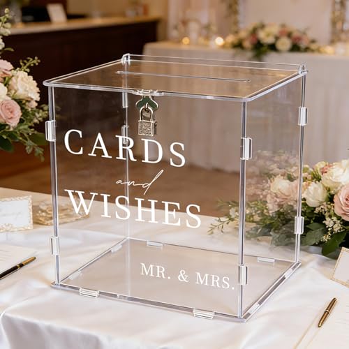 Clear Acrylic Card Box with Slot & Lock, DIY Large Wedding Card Boxes for Reception, Elegant Money Envelop Gift Cards Box for Party Wedding Birthday Baby Shower Graduation Table Decor - style: Clear