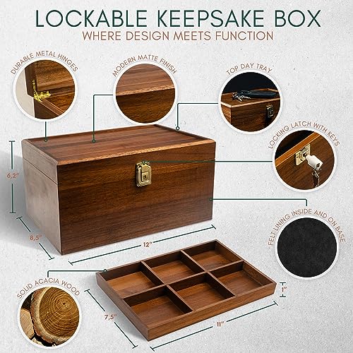 Locking Wooden Keepsake Box, Customizable Design With Adjustable Tray. Large Wooden Box with Hinged Lid for Wedding and Memory Keepsakes - color: Walnut