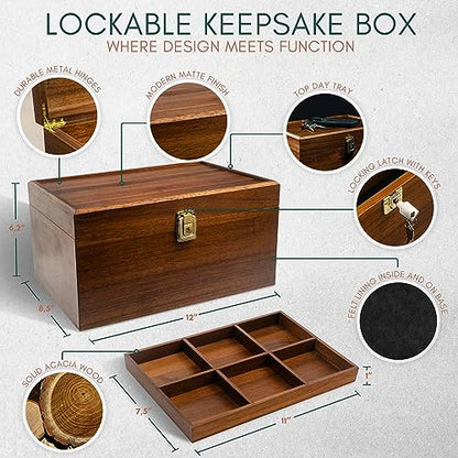 Locking Wooden Keepsake Box, Customizable Design With Adjustable Tray. Large Wooden Box with Hinged Lid for Wedding and Memory Keepsakes - color: Walnut