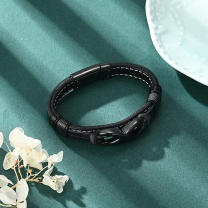 Urn Bracelet for Ashes With Leather Cremation Bracelet Stainless Steel Keepsake Cuff Bangle for Men Gifts With Funnel Kit & Bag - color: Black-22cm