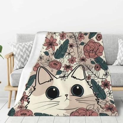 Cute Cat Fleece Throw Blanket, Floral Flannel Blankets for Couch 50"×60" - color: Cat