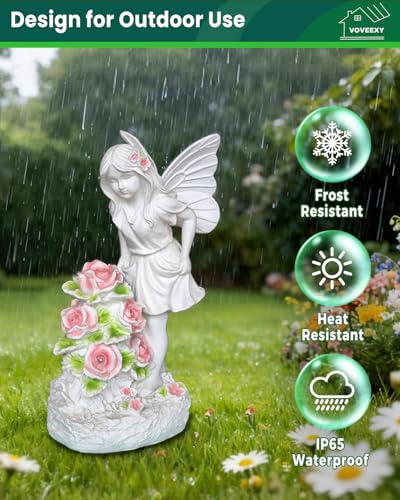Voveexy Garden Figurines Angel Garden Statue Outdoor Decor, Solar Powered Resin Sculpture with 5 LEDs Art Decoration for Patio Lawn Yard Porch, Ornament Housewarming Gift, 11“ H