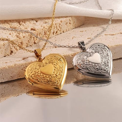 Gold Locket Necklace for Women, Vinatge Heart Oval Butterfly Angel Engraved Pendant that Holds Picture Photo Locket Memorial Necklace Personalized Jewelry Birthday Gifts - color: Heart/Silver