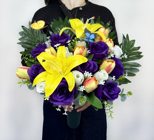 MUVIC Artificial Cemetery Flowers - Memorial Flowers - Outdoor Sympathy Grave Flower Decorations for Mothers Day,Fathers Day,Lily/Rose