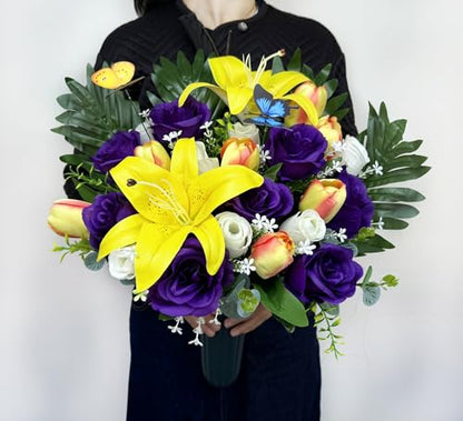 MUVIC Artificial Cemetery Flowers - Memorial Flowers - Outdoor Sympathy Grave Flower Decorations for Mothers Day,Fathers Day,Lily/Rose