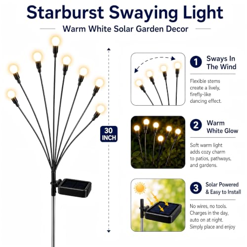 TONULAX Solar Garden Lights - Upgraded Solar Swaying Light, Sway by Wind, Outdoor Lights, Yard Patio Pathway Decoration, High Flexibility Iron Wire & Heavy Bulb Base, Warm White(2 Pack) - size: 2 Pack