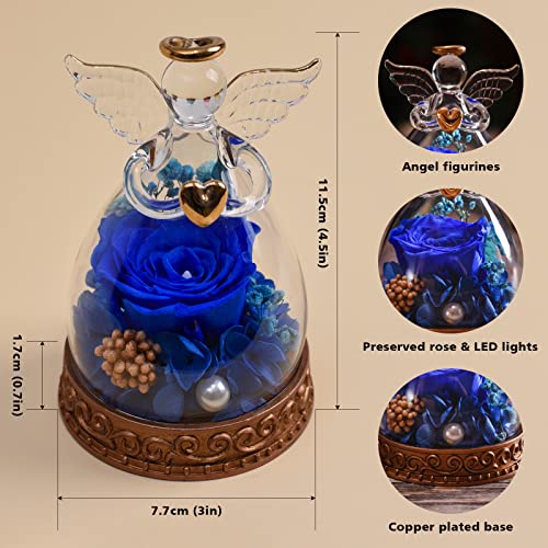Preserved Real Rose in Glass Angel Figurine with LED Light, Angel Gifts for Women, Mom, Grandma on Mother's Day Christmas Birthday (Navy) - color: Navy Blue