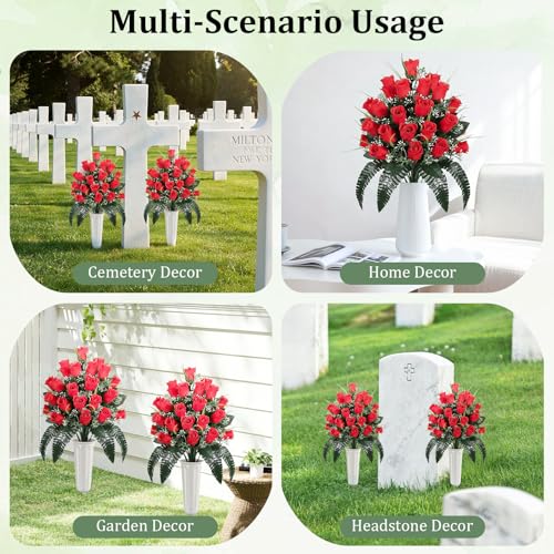 Lewondr Artificial Cemetery Flowers with Vase for Grave, Red Roses, 2 Pack - color: Red