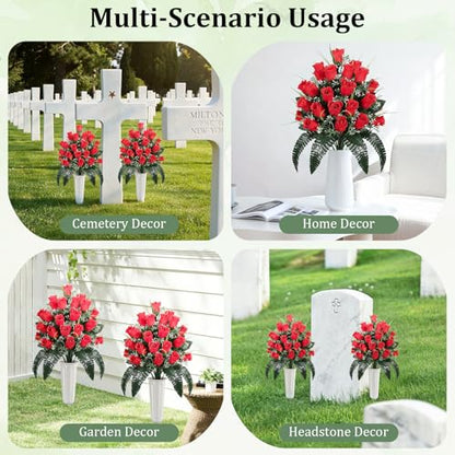 Lewondr Artificial Cemetery Flowers with Vase for Grave, Red Roses, 2 Pack - color: Red