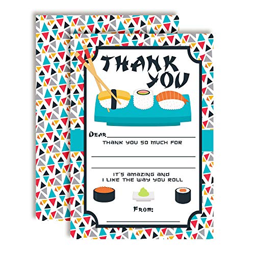 Let The Good Times Roll Sushi-Themed Thank You Notes, Ten 4" x 5.5" Fill In The Blank Cards with 10 White Envelopes by AmandaCreation - style: Roll Sushi