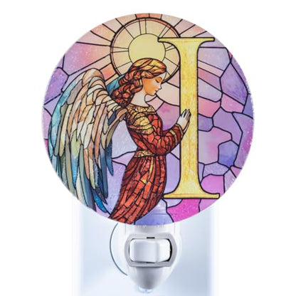 Angel Monogram Night Light – Stained Glass Styled Plug-in Wall Lamp, Victorian Inspired Letter I Design with Manual Switch & Bulb Included – Bedroom, Hallway, Nursery Gift NLA-C012 - color: I