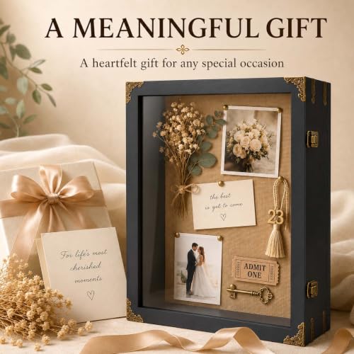 16x20x4.7 Inch Large Shadow Box Frame, 3.5-Inch Deep (Rustic Black) | Tempered glass, solid wood and linen backing for rustic wall display of wedding bouquets, graduation caps and keepsakes - size: 16x20 Inch
