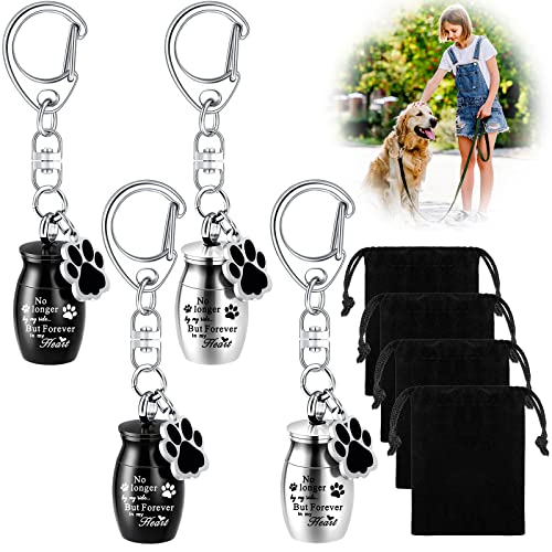 4 Pcs Pet Urns Keychain Pet Ashes Keychain Dogs Keepsake Cremation Jewelry Stainless Steel Dog Paw Charm Ashes Holder with 4 Storage Bags for Cats Memorial