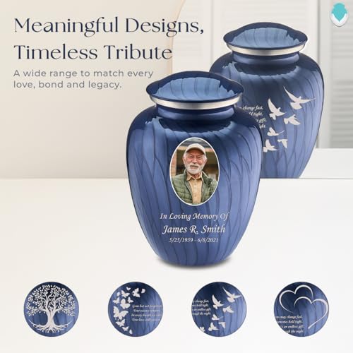 Embrace Adult Personalized Doves Cremation Urns for Human Ashes I Large Picture Pearl Cobalt Blue Funeral Urn for Adult Men and Women with Double Side Engraving I 200 lbs - color: _Pearl Cobalt Blue (Double Sided)