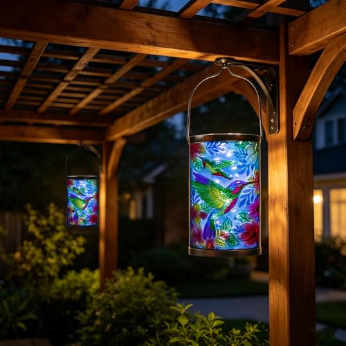 MUMTOP Hummingbird Solar Lantern, Hanging Glass Outdoor Garden Light - color: Turquoise