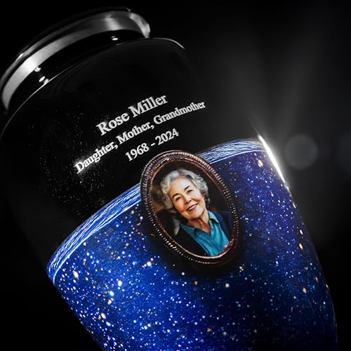 Blue Galaxy Photo Urn for Human Ashes – Personalized Cremation Tribute with Portrait, Name & Dates, Starry Sky Memorial Keepsake, Made in USA (Large) - size: Large