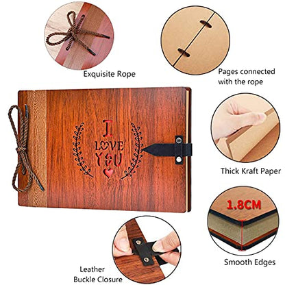 ZEEYUAN Wooden Photo Album Scrapbook DIY Photo Book Wedding Guest-Book 80 Pages Travel Memory Book Birthday Anniversary Valentine's Gift for Mother Father (I Love You) - color: I Love You