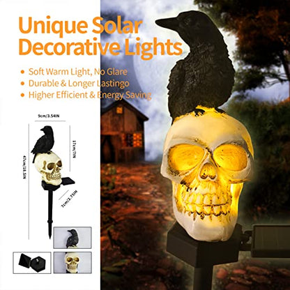 QH & Garden Halloween Skull Solar Garden Statue with Black Crow | Outdoor Decoration, Waterproof Ghost Lights, Skeleton Stakes with LED, Stunning Halloween Decorations - style: Skull and Crow