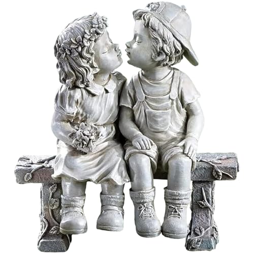 Outdoor Boy Girl Statue for Garden, Yard & Flower Bed Decor | Weather-Resistant Resin, Fist Kiss Figurine Adds Farmhouse Charm to Porches, Patios, Lawn & Doorsteps with a Warm Welcome - color: Gray Couple