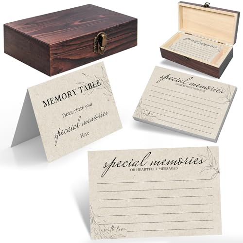 Wooden Memory Box with 60 Share a Memory Cards & Table Sign - 250GSM Heavyweight Kraft Cardstock - Keepsake Box for Funerals, Weddings, Graduation, Memorial Celebration of Life Decorations - color: SHARE A MEMORY