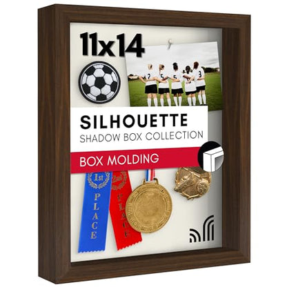 Americanflat 11x14 Shadow Box Frame with Shatter-Resistant Glass - Silhouette Collection - Large Shadow Box Display Case for Tabletop and Wall Display - Walnut with Soft Felt Back - color: Walnut, size: 11x14