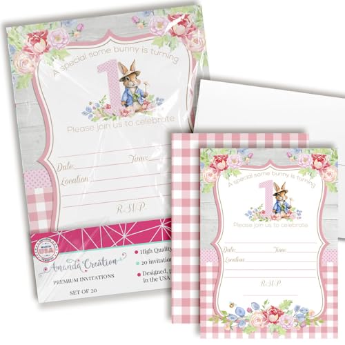 Amanda Creation Little Bunny Rabbit 1st Birthday Party Invites - Adorable Fill In Invitations for Girls Set of 20 5X7 Double Sided Cards with Twenty White Envelopes Kids Party Supplies - style: Little Bunny Rabbit 1st Birthday