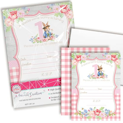 Amanda Creation Little Bunny Rabbit 1st Birthday Party Invites - Adorable Fill In Invitations for Girls Set of 20 5X7 Double Sided Cards with Twenty White Envelopes Kids Party Supplies - style: Little Bunny Rabbit 1st Birthday
