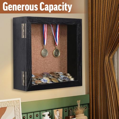 15x15 Extra Deep Large Shadow Box, 4-Inch Exterior Depth, Solid Wood, Black | Solid wood, hinged door, metal latch, extra-deep display for photos, bouquets, pet keepsakes, baby items and wedding mementos - size: 15x15
