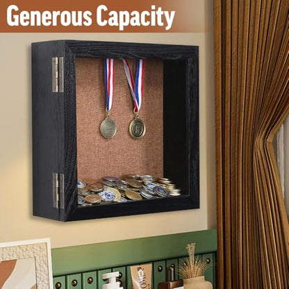 15x15 Extra Deep Large Shadow Box, 4-Inch Exterior Depth, Solid Wood, Black | Solid wood, hinged door, metal latch, extra-deep display for photos, bouquets, pet keepsakes, baby items and wedding mementos - size: 15x15
