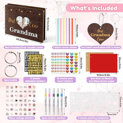 CY2SIDE Best Grandma Ever Album Scrapbook - Mother’s Day Wooden Scrapbook Craft Kit, DIY Photo Memories Book with 30 Pages Birthday Gift for Mother’s Day, DIY Handmade Scrapbook Gift for Grandmother - style: Best Grandma Ever