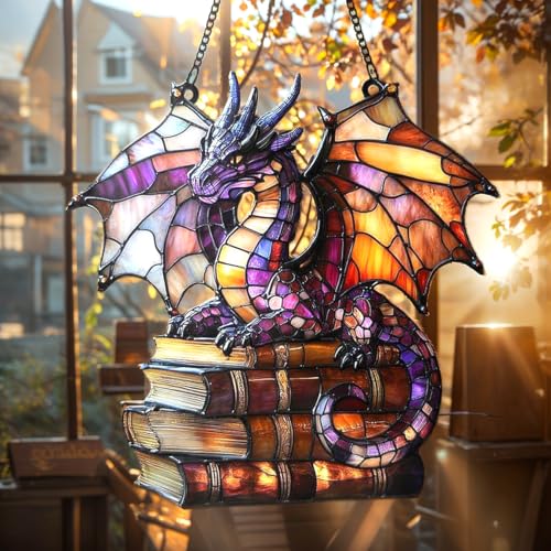 Book Dragon Acrylic Suncatcher Size 6 inches, Bookish Stained Glass Effect Window Hanging Ornament, Garden Decor, Gift for Book Lover Reader Bookworm - color: Book-dragon-2, size: 6"