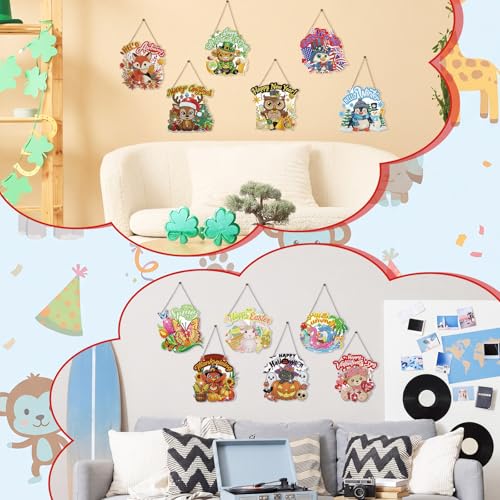 Cinnvoice Seasonal Diamond Art Hanging Kit,12 Pcs,Animal | 12 Pcs,Animal,Holiday Diamond Art Wreath,Month Diamond Hanging Sign, Festival Crystal Suncatcher, for Door Window Wall Decor - style: Animal