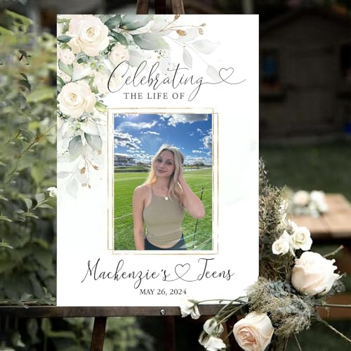 Personalized Flower White Funeral Sign - Celebration Of Life Sign - Greenery Funeral Welcome Sign - In Loving Memory Sign - Gold Cross Memorial Sign - Memorial Yard Sign - Photo Funeral Sign - color: Multi 4