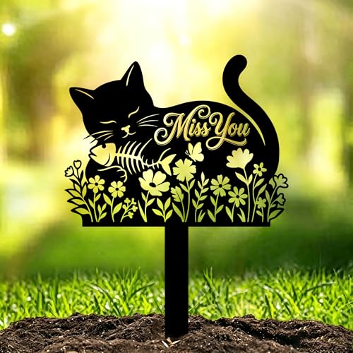 Romart Cat Memorial Metal Grave Marker with Floral Design - color: Cat