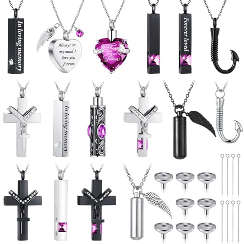 Huquary 16 Pcs Urn Necklace for Ashes Waterproof Stainless Steel Carved Ashes Locket with 8 Filling Kit Heart Cylinder Cross Cubic Fish Hook Jewelry for Ashes with Wing Diamond for Men Women - color: Purple