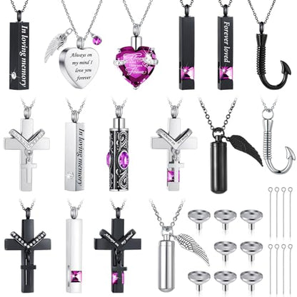 Huquary 16 Pcs Urn Necklace for Ashes Waterproof Stainless Steel Carved Ashes Locket with 8 Filling Kit Heart Cylinder Cross Cubic Fish Hook Jewelry for Ashes with Wing Diamond for Men Women - color: Purple