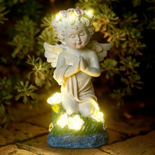 Solar Powered Angel Statue for Garden, Outdoor Spiritual Decorations for Patio Lawn Cemetery, Illuminated Seraphim Figurine with Warm Light, Gift for Women Religious Faith Ornament, Rustproof Resin - color: White Angel