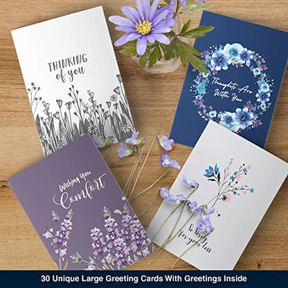Dessie 30 Unique Sympathy Cards With Greetings Inside. 30 Different, Large Greeting Cards With Envelopes and Matching Sealing Stickers. Includes Sturdy Storage Box.