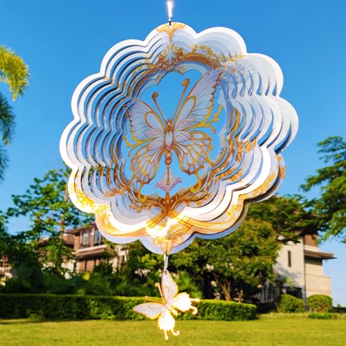 DJUAN Butterfly Wind Spinners- Birthday Gifts for Women Mom Grandma Wife | Christmas Mothers Day Gifts,12in Stainless Steel 3D Wind Sculptures,Hanging Wind Spinner for Yard Garden Outdoor Decor - color: Golden Butterfly