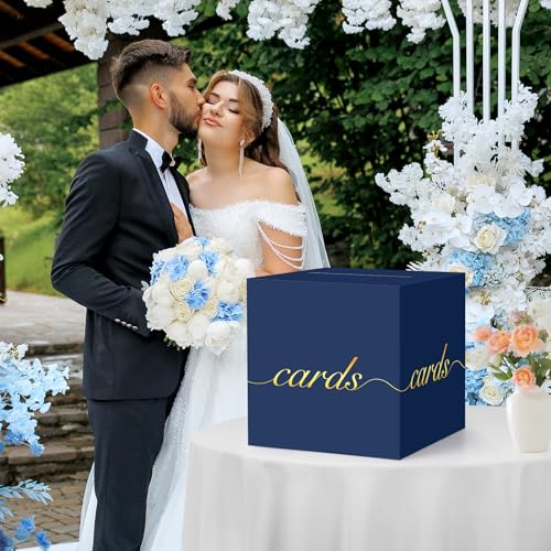 Navy Blue Card Box Gold Foil Wedding Favors Gift Card Boxes Post Box Receiving Money Box Holder for Wedding Reception, Baby Showers, Anniversary, Birthday Party, Retirement, Graduation Envelope Holder - color: Navy Blue and Gold