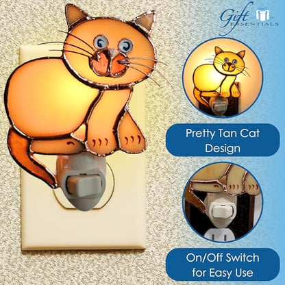 Gift Essentials Tan Cat Plug-in Night Light - Stained Glass Nightlight | Tan Cat Stained Glass Plug-in Nightlight with On/Off Rocker Switch. Includes One 4-Watt Replaceable Warm-Glow Bulb. - color: Tan Cat