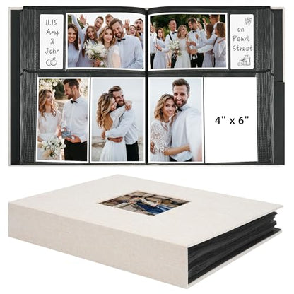 Vienrose Fabric Cover Photo Album 4x6 with Front Window, 300 Picture Pockets and 100 Message Card Slots for Wedding Baby Family, Beige - color: Beige, size: 300 Pockets