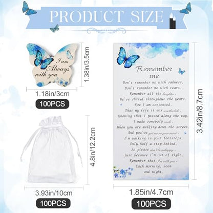 100 Sets Funeral Favors for Guests, Celebration of Life Favors Wooden Butterfly Pocket Hug Token with Funeral Prayer Cards and Organza Bags, As Memorial Gifts and Funeral Decorations