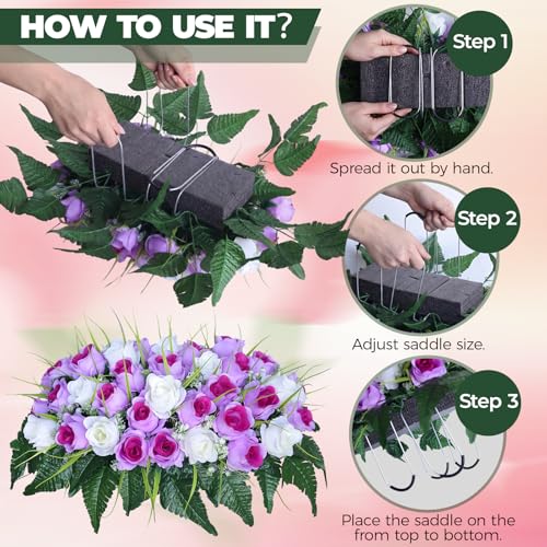 3 PCS Artificial Cemetery Flowers for Grave, Headstone Flower Saddle - color: Purple and White