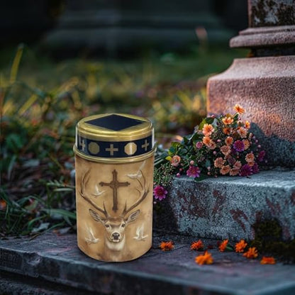 Poceacles Solar Outdoor Lights Solar Grave Lights Solar Cemetery Candles LED Automatic Flameless Candles Cemetery Outdoor Solar Lights for Loss of Dad, Deer Cross Dove of Peace Retro - color: Deer Cross Dove of Peace Retro