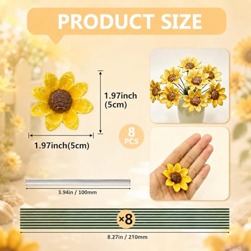 Yellow Glazed Ceramic Sunflowers for Pet Memorial Sympathy, Weatherproof Flowers with Metal Stems for Dog Cat Grave, Garden, Cemetery Decor, Eternal Remembrance Tribute, 8 Pcs, Vase Not Included