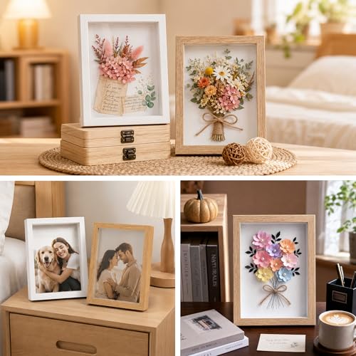 2Pack 5x7 Shadow Box Frame w. Mini Crochet Flower Bouquet, Small Shadow Box Frame, DIY Shadow Boxes Display Cases for Home Decor, Wedding, Birthday for Women, Mom, Friends